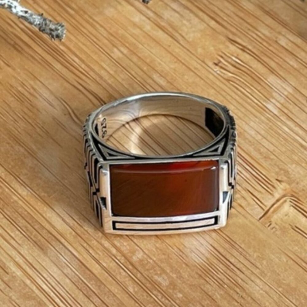 925 Sterling Silver Men's Ring With Agate Stone
